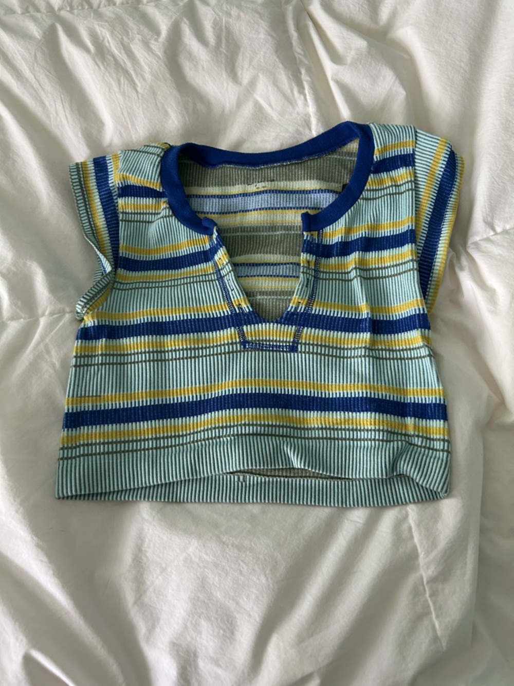 Urban Outfitters Ribbed Striped Crop Top in Light Blue, Navy & Yellow